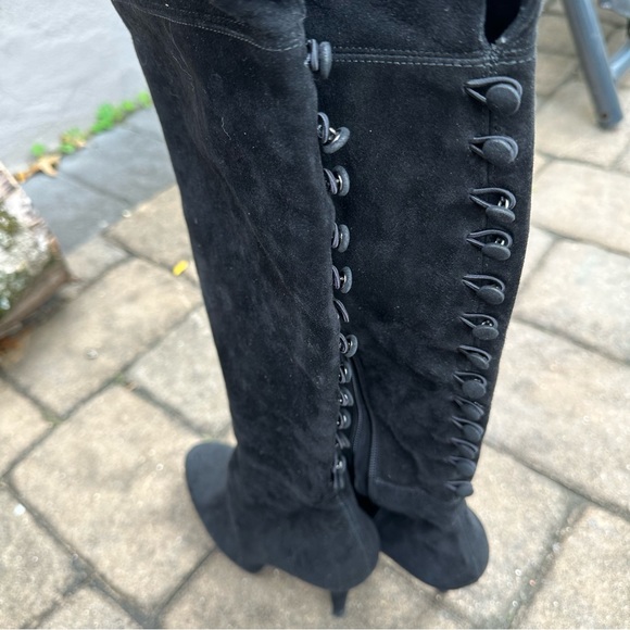 Stuart Weitzman Suede Over the Knee Button Back Platform Boots - Picture 3 of 8